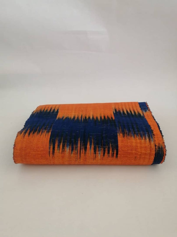 Pagne Foupoko tissé main, bleu et orange, tissé au Burkina Faso, Mon Faso Dan Fani