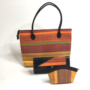 Pagne  tissé main, noir et orange, tissé au Burkina Faso, Mon Faso Dan Fani